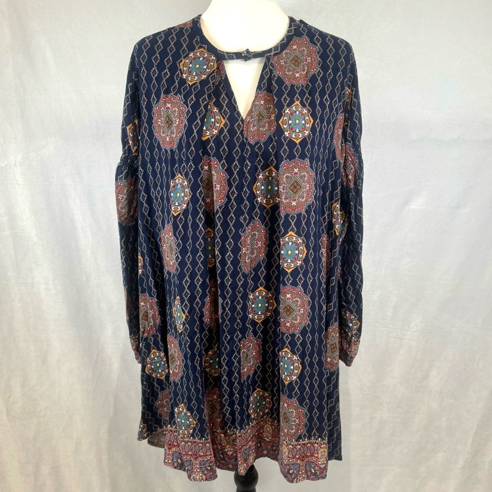 Umgee medallion print long smocked sleeve boho shift dress size medium